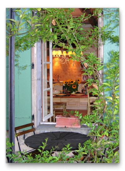 View of inside kitchen/dining area through the arbor.
